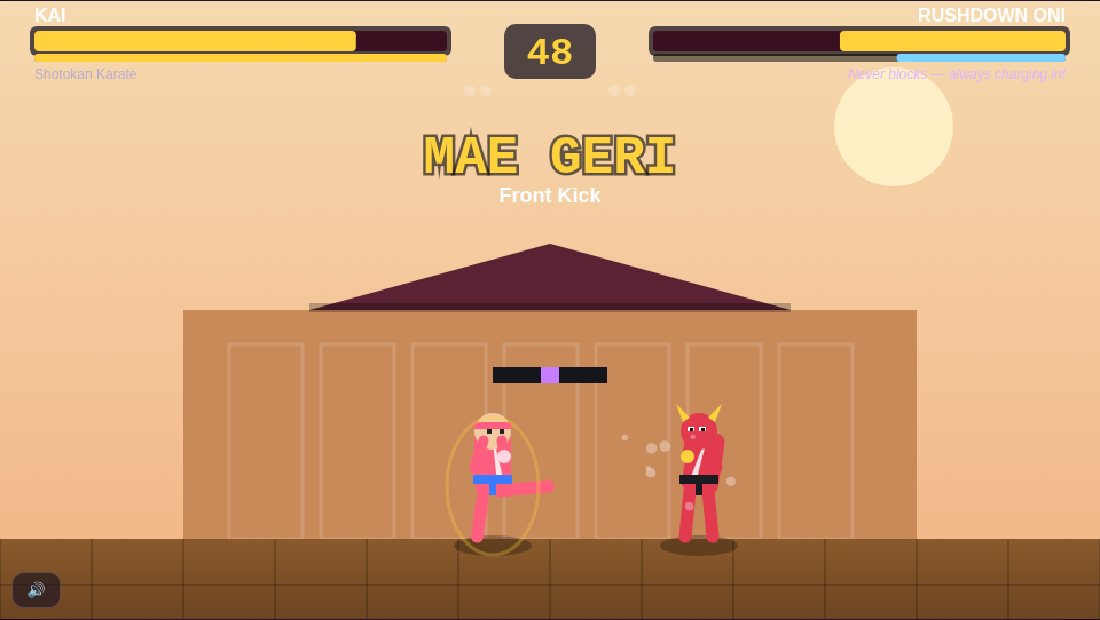 Demon Dojo gameplay — karateka Kai in a pink gi facing the horned Rushdown Oni in the dojo, health bars and round timer above