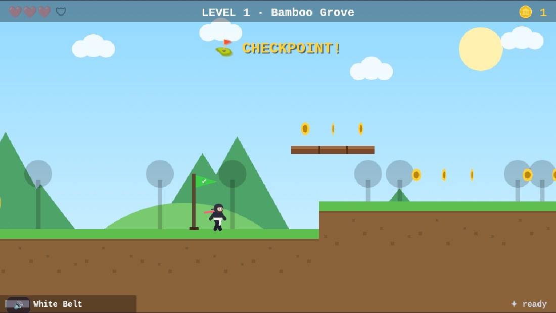 Super Ninja Land gameplay — the ninja hero passing a green checkpoint flag in Bamboo Grove, coins and an Oni ahead