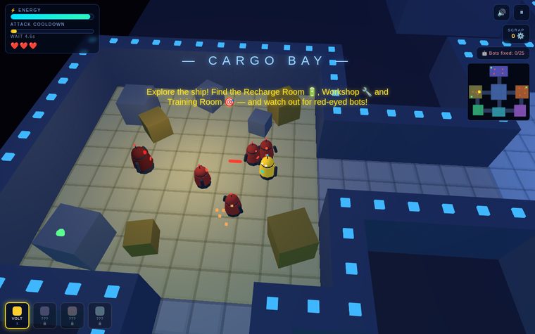 Robots in Space gameplay — robot hero VOLT battling malfunctioning droids aboard the starship AURORA